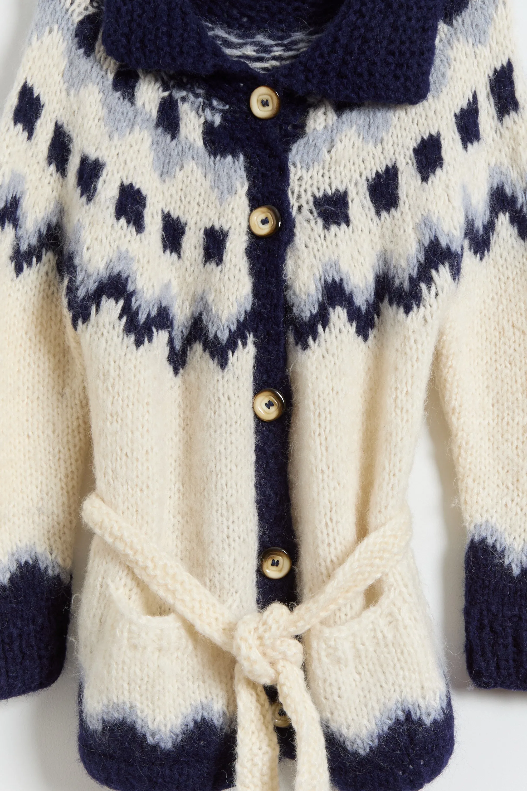 70s Cream Navy Chunky Nordic Cardigan M