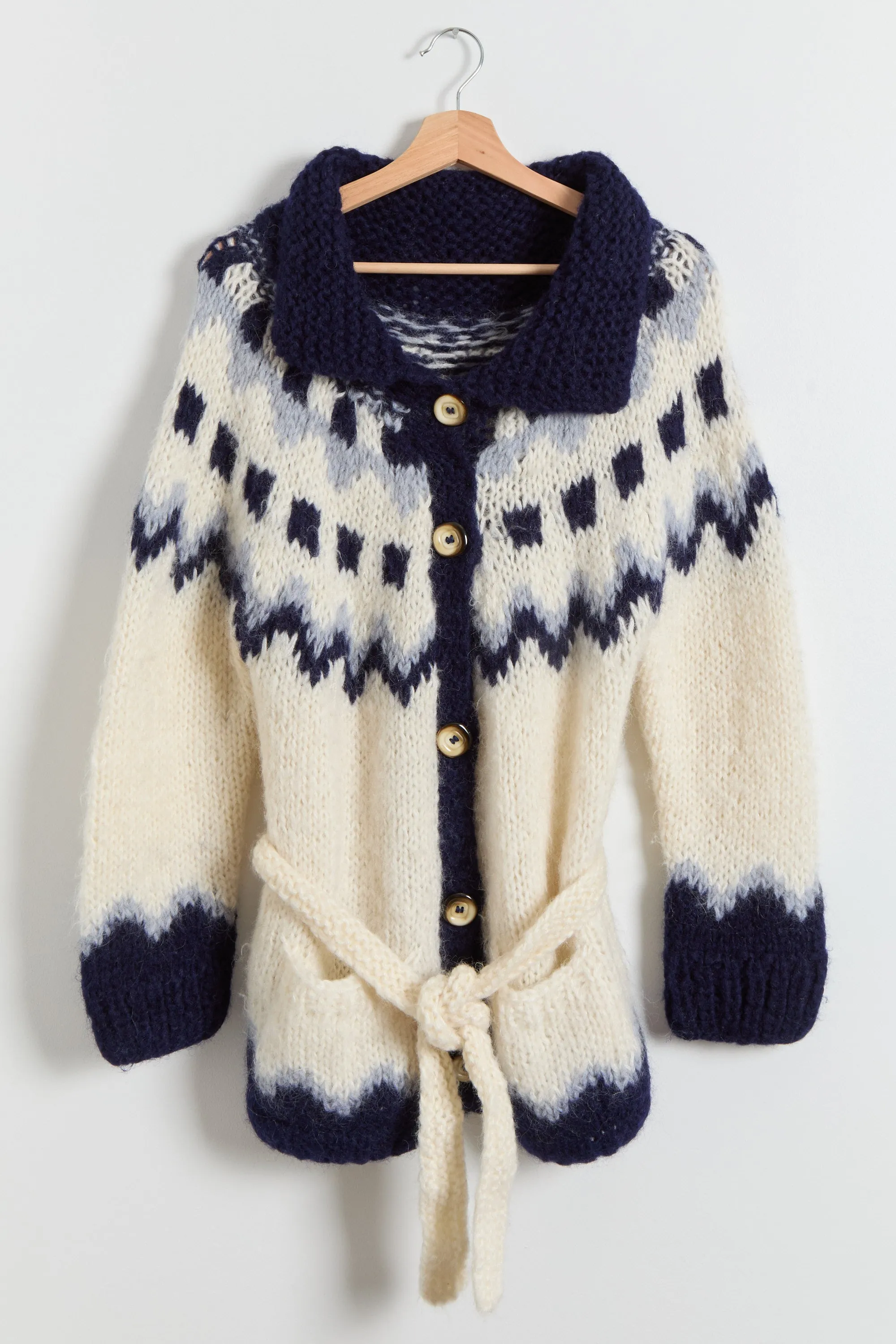 70s Cream Navy Chunky Nordic Cardigan M