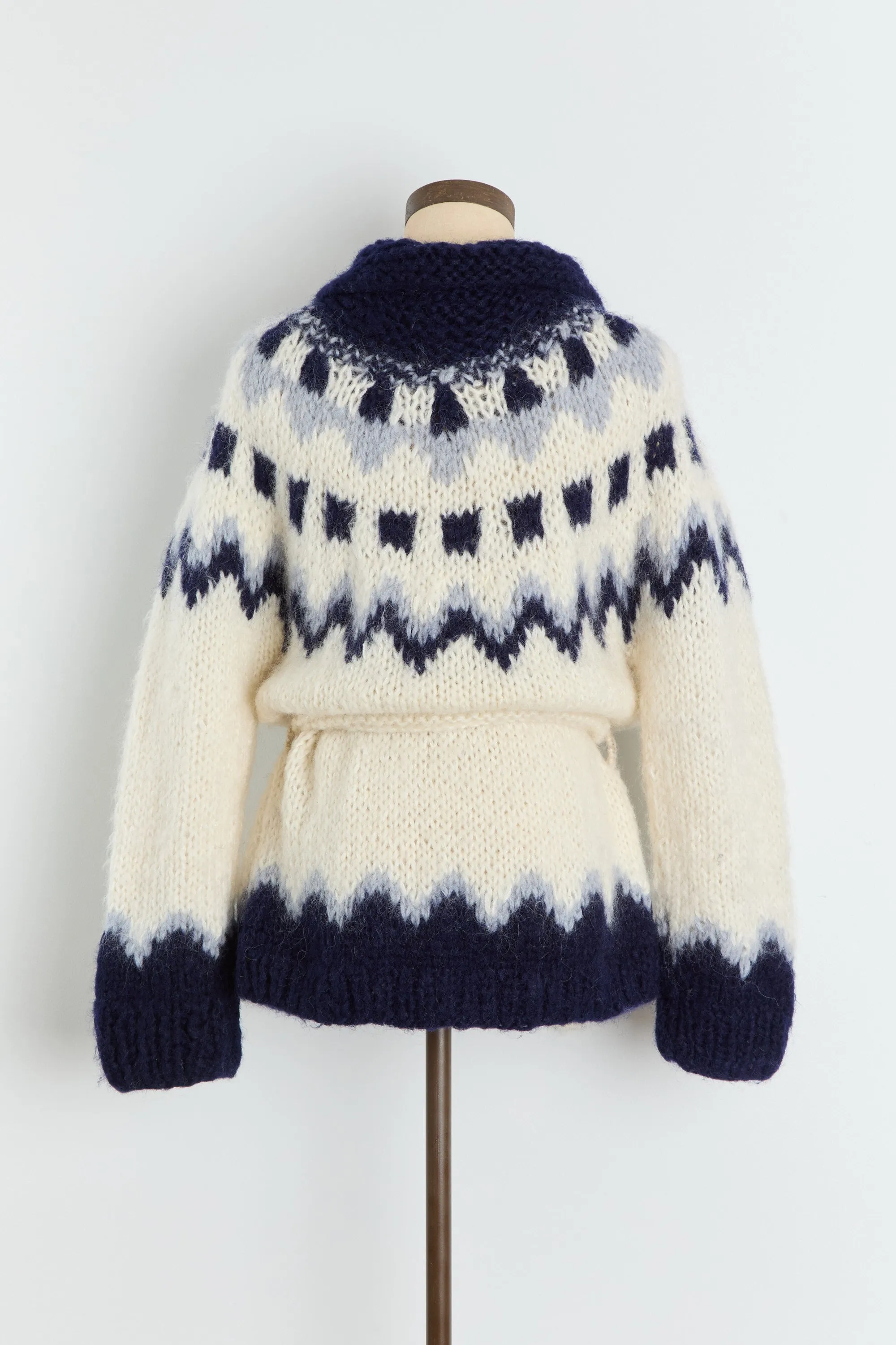 70s Cream Navy Chunky Nordic Cardigan M