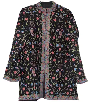 Kashmiri Woolen Jacket Black, Multicolor Embroidery #AO-0094