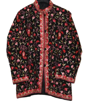 Kashmiri Woolen Jacket Black, Multicolor Embroidery #AO-038