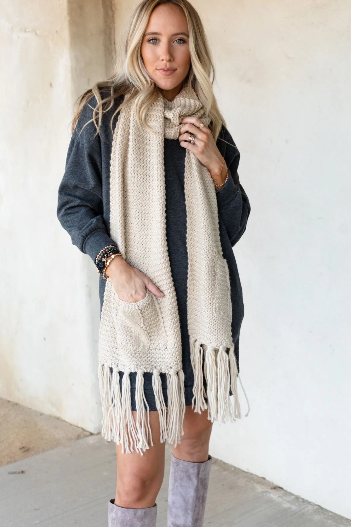 Kolby Knitted Pocket Scarf - Ivory