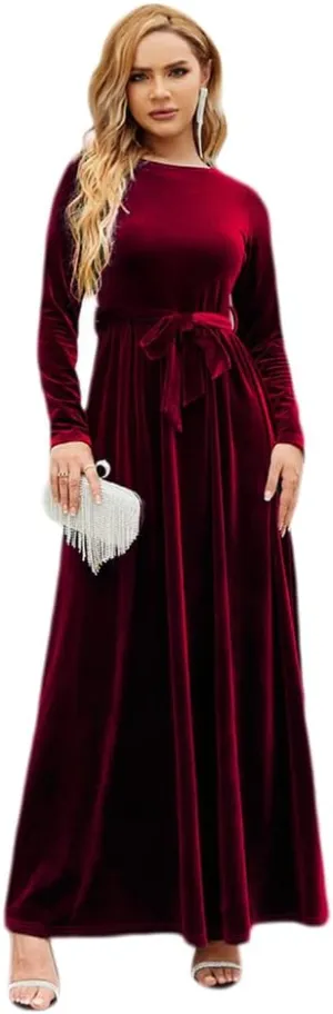 OBEEII Fall Dress for Women Long Sleeve Velvet Maxi Dress with Belt Wedding Guest Casual Holiday Party Dresses