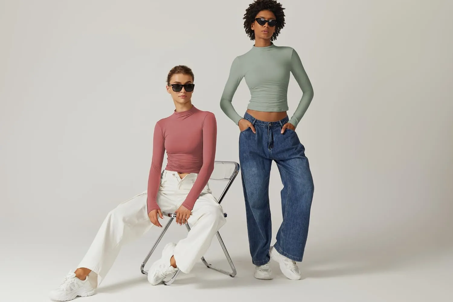 QINSEN Womens Mock Neck Long Sleeve Shirt Double Lined Basic Tees Side Ruched Going Out Crop Tops
