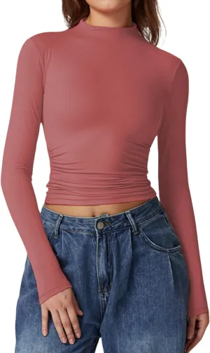 QINSEN Womens Mock Neck Long Sleeve Shirt Double Lined Basic Tees Side Ruched Going Out Crop Tops