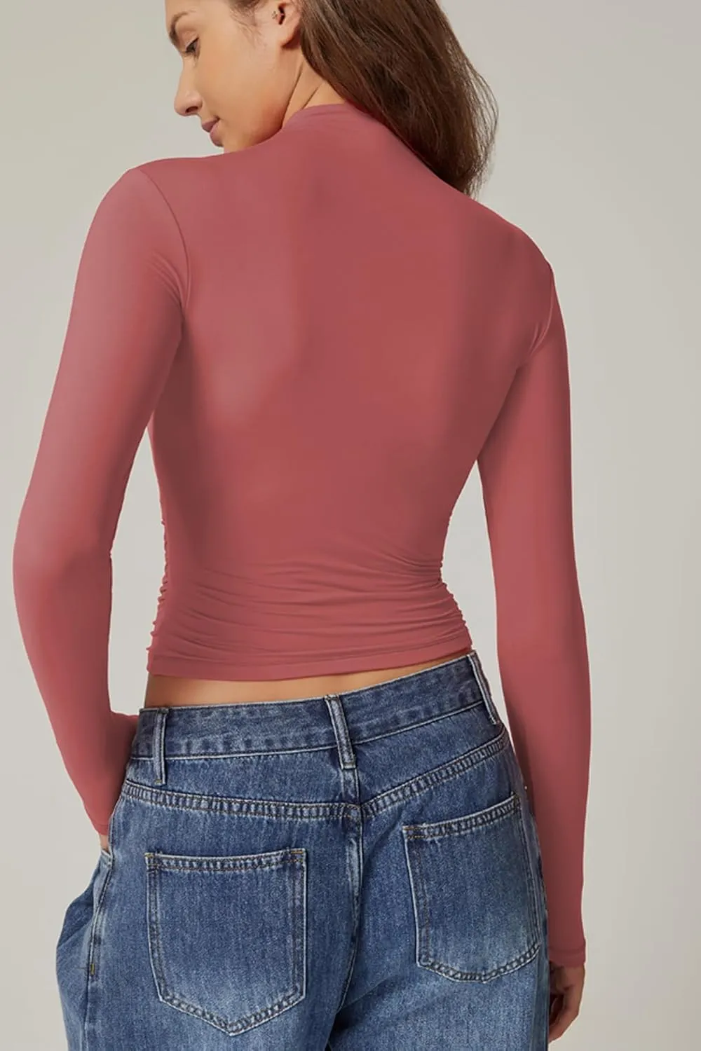 QINSEN Womens Mock Neck Long Sleeve Shirt Double Lined Basic Tees Side Ruched Going Out Crop Tops