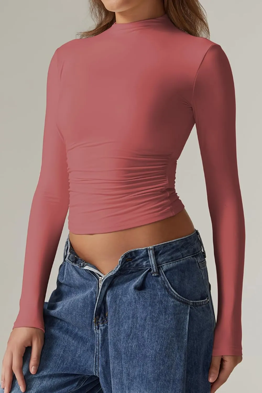 QINSEN Womens Mock Neck Long Sleeve Shirt Double Lined Basic Tees Side Ruched Going Out Crop Tops