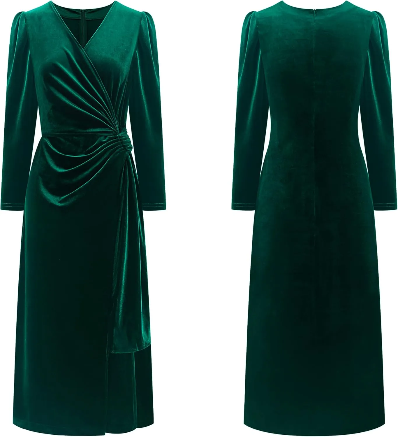 R.Vivimos Womens Velvet V Neck Wrap Dress Fall Winter Long Sleeve Waist Ruched Elastic Elegant Midi Dress