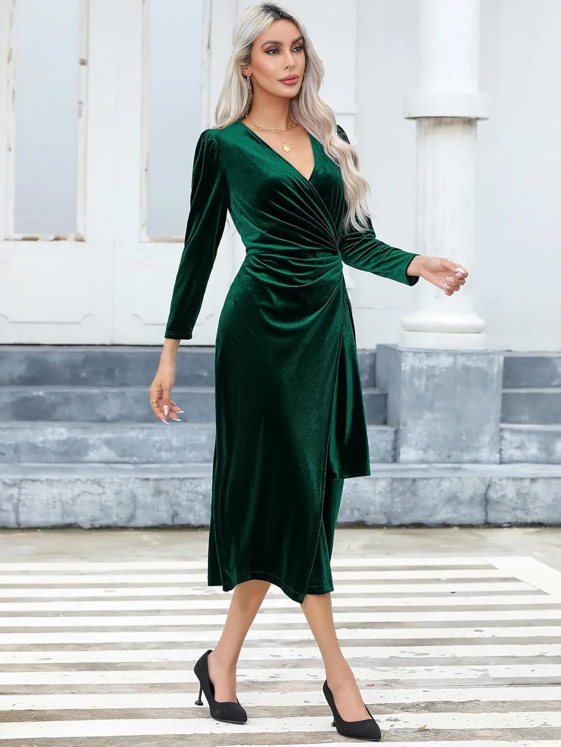 R.Vivimos Womens Velvet V Neck Wrap Dress Fall Winter Long Sleeve Waist Ruched Elastic Elegant Midi Dress