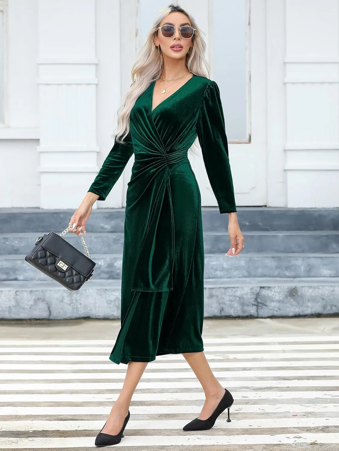 R.Vivimos Womens Velvet V Neck Wrap Dress Fall Winter Long Sleeve Waist Ruched Elastic Elegant Midi Dress