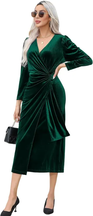 R.Vivimos Womens Velvet V Neck Wrap Dress Fall Winter Long Sleeve Waist Ruched Elastic Elegant Midi Dress