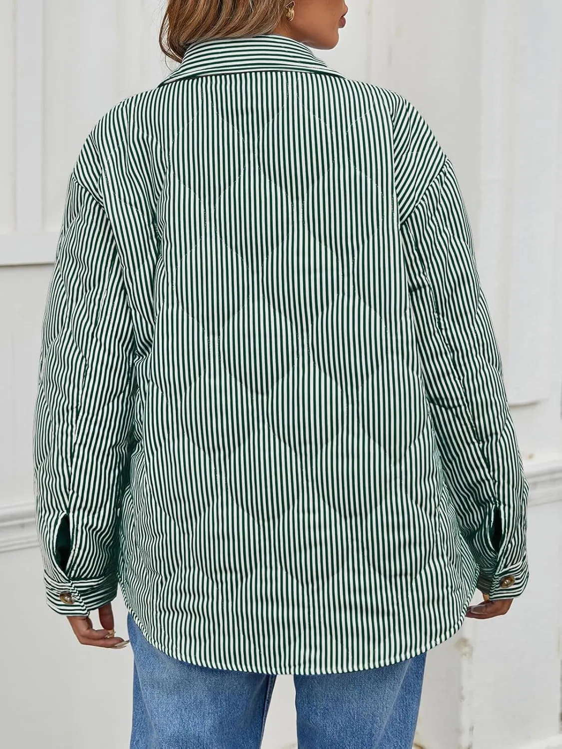 Tankaneo Womens Striped Quilted Jackets Oversized Lightweight Button Down Puffer Shackets Casual Fall Winter Outerwear