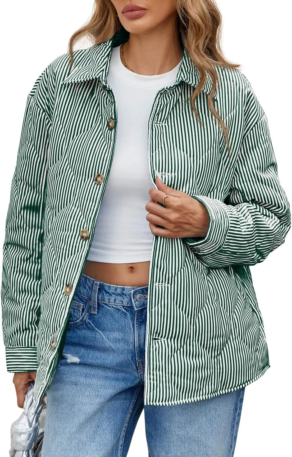 Tankaneo Womens Striped Quilted Jackets Oversized Lightweight Button Down Puffer Shackets Casual Fall Winter Outerwear