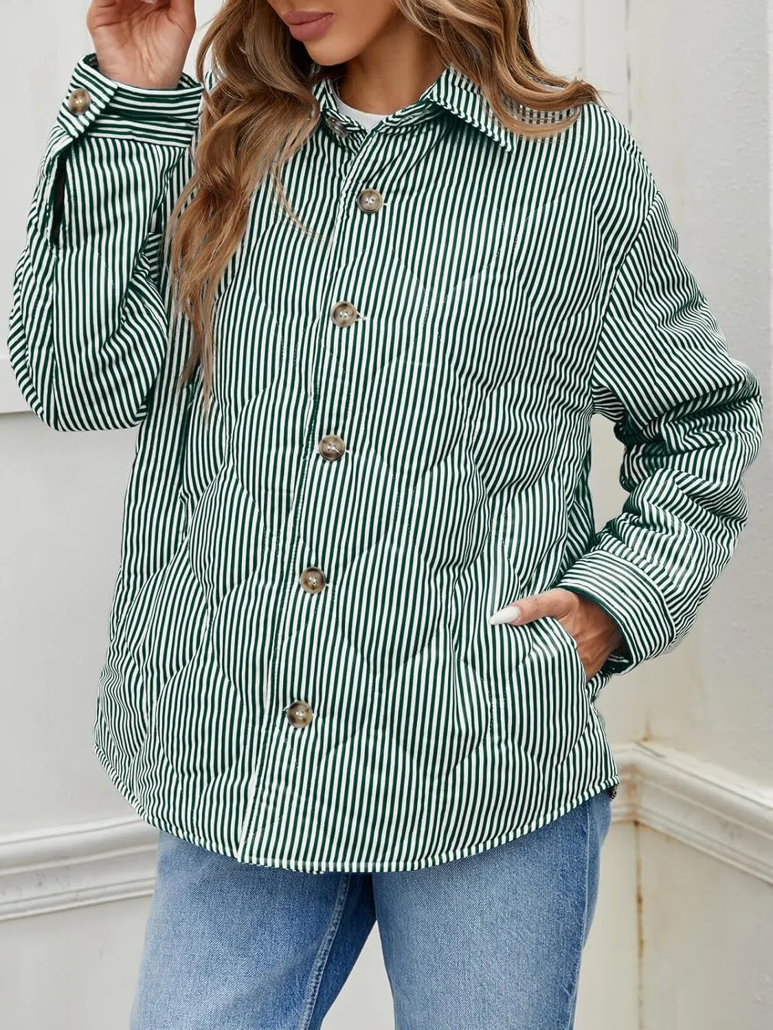 Tankaneo Womens Striped Quilted Jackets Oversized Lightweight Button Down Puffer Shackets Casual Fall Winter Outerwear