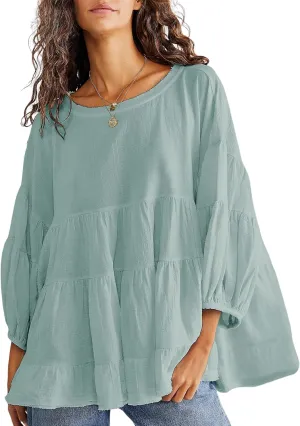 UANEO Womens Babydoll Tops Shirts 3/4 Lantern Sleeves Oversized Peplum Tunics Loose Fit Crewneck Y2K Blouses