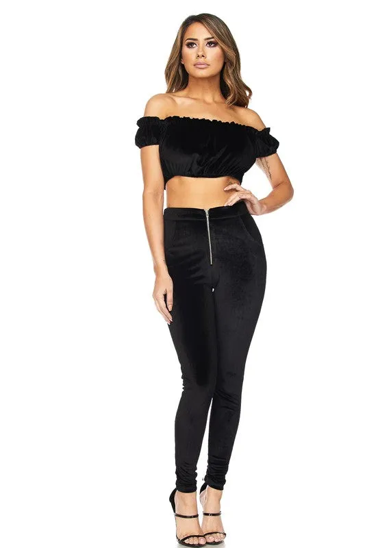 VELVET RUFFLE CROP TOP & LEGGING SET