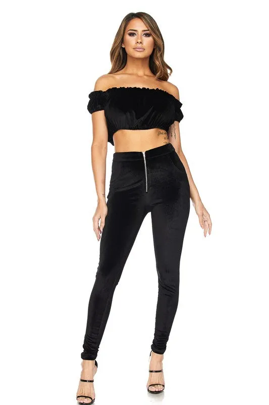 VELVET RUFFLE CROP TOP & LEGGING SET