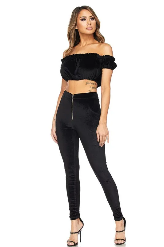 VELVET RUFFLE CROP TOP & LEGGING SET