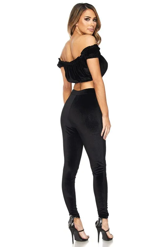 VELVET RUFFLE CROP TOP & LEGGING SET