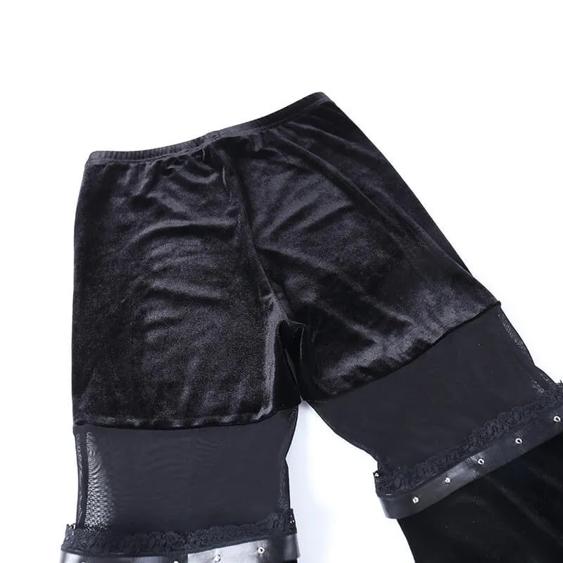 Vintage Black Velvet Flare Pants with Mesh Inserts / Cool Women's Trousers in Gothic Style