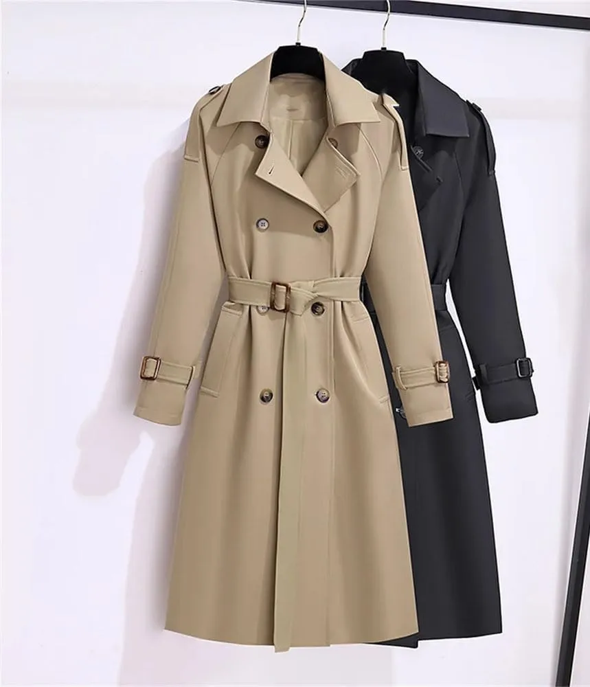 Women Streetwear Double Breasted Long Trench Coats Fall Winter Solid Pockets Casual Jackets