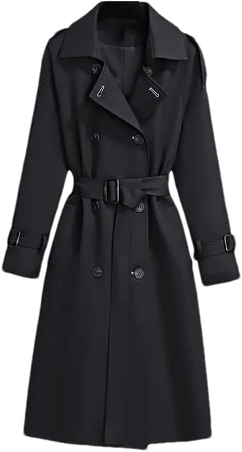 Women Streetwear Double Breasted Long Trench Coats Fall Winter Solid Pockets Casual Jackets