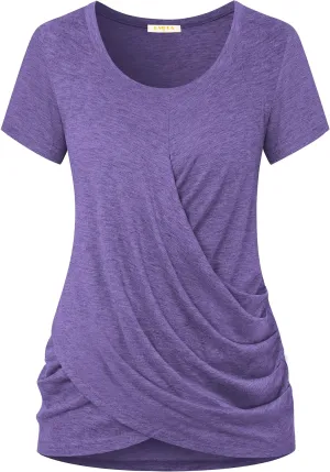 Women's Summer Front Twist Tops Round Neck Casual Cross Knotted Tee Shirt Blouse