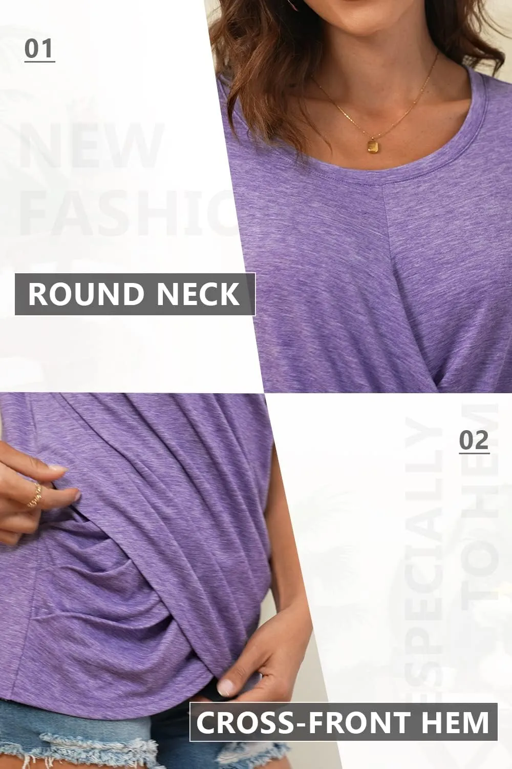 Women's Summer Front Twist Tops Round Neck Casual Cross Knotted Tee Shirt Blouse