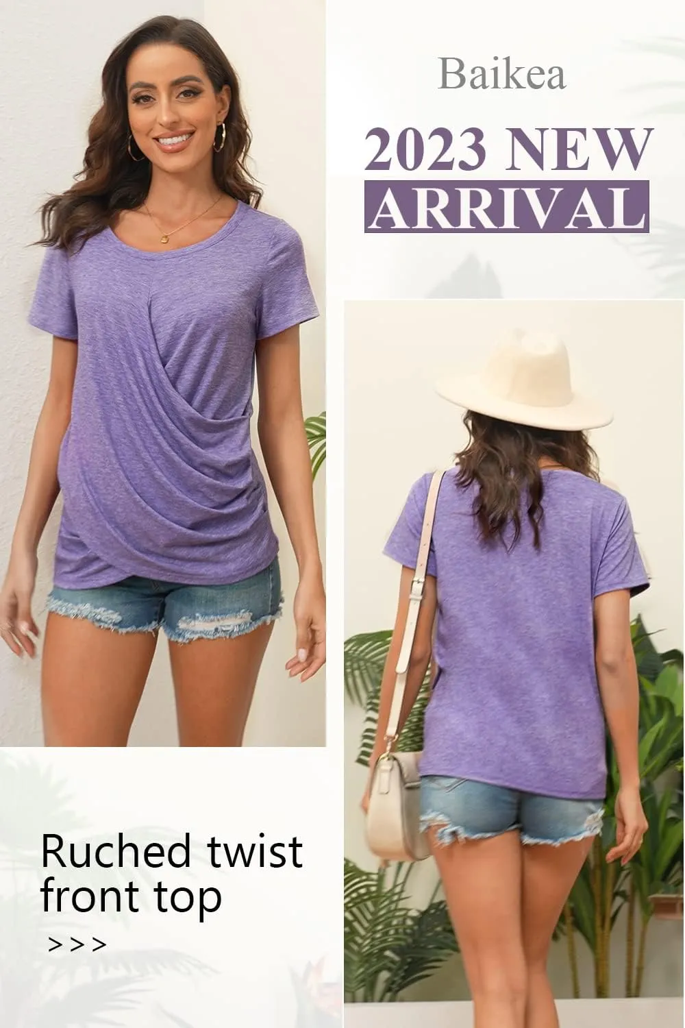 Women's Summer Front Twist Tops Round Neck Casual Cross Knotted Tee Shirt Blouse